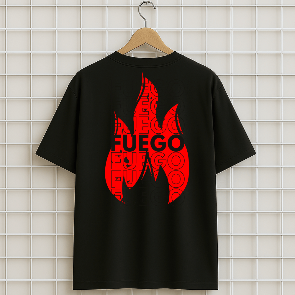 T-shirt noir FEU FUEGO FLAMME Oversize Unisexe
