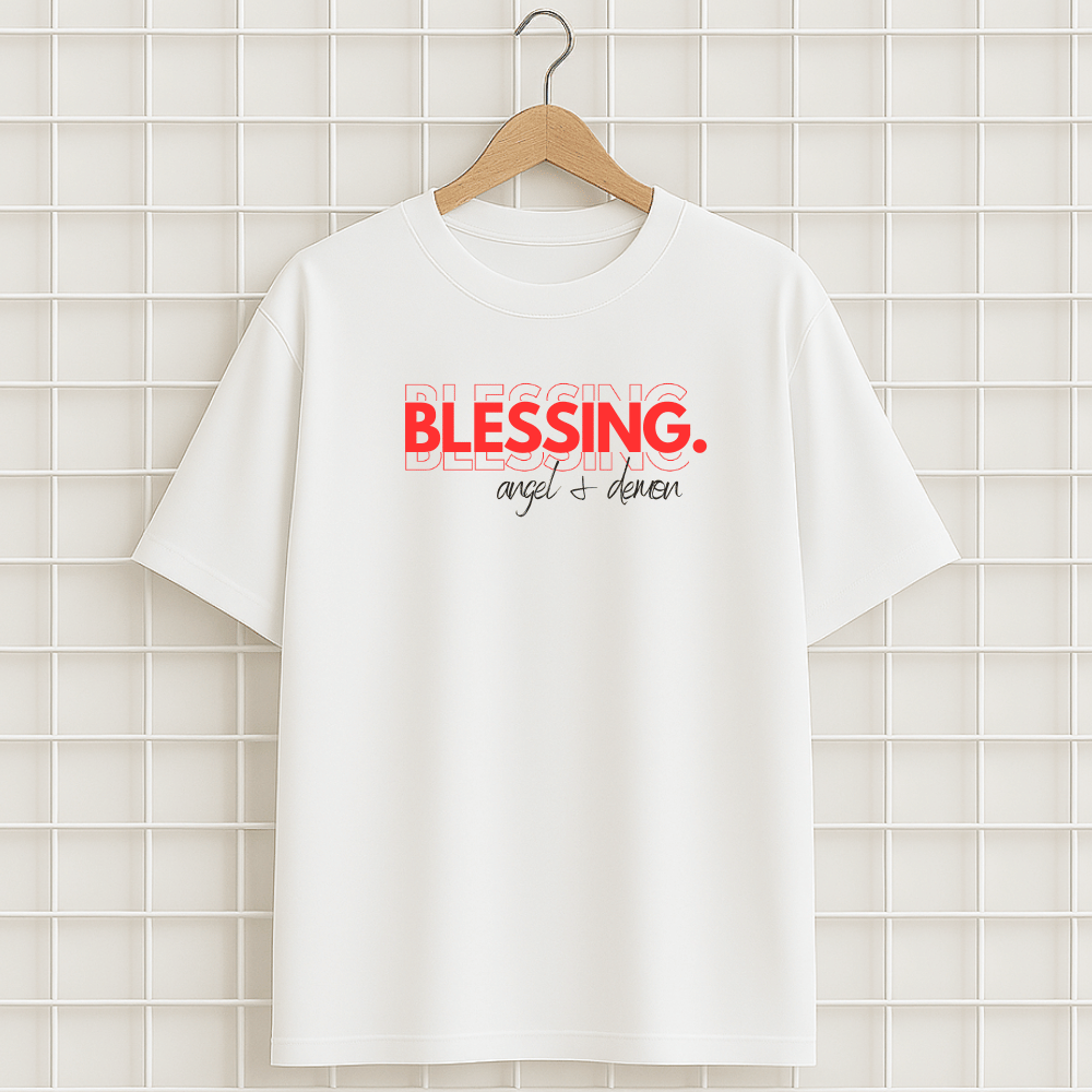 T-shirt blanc BLESSING ANGEL DEMON RAP Oversize unisexe