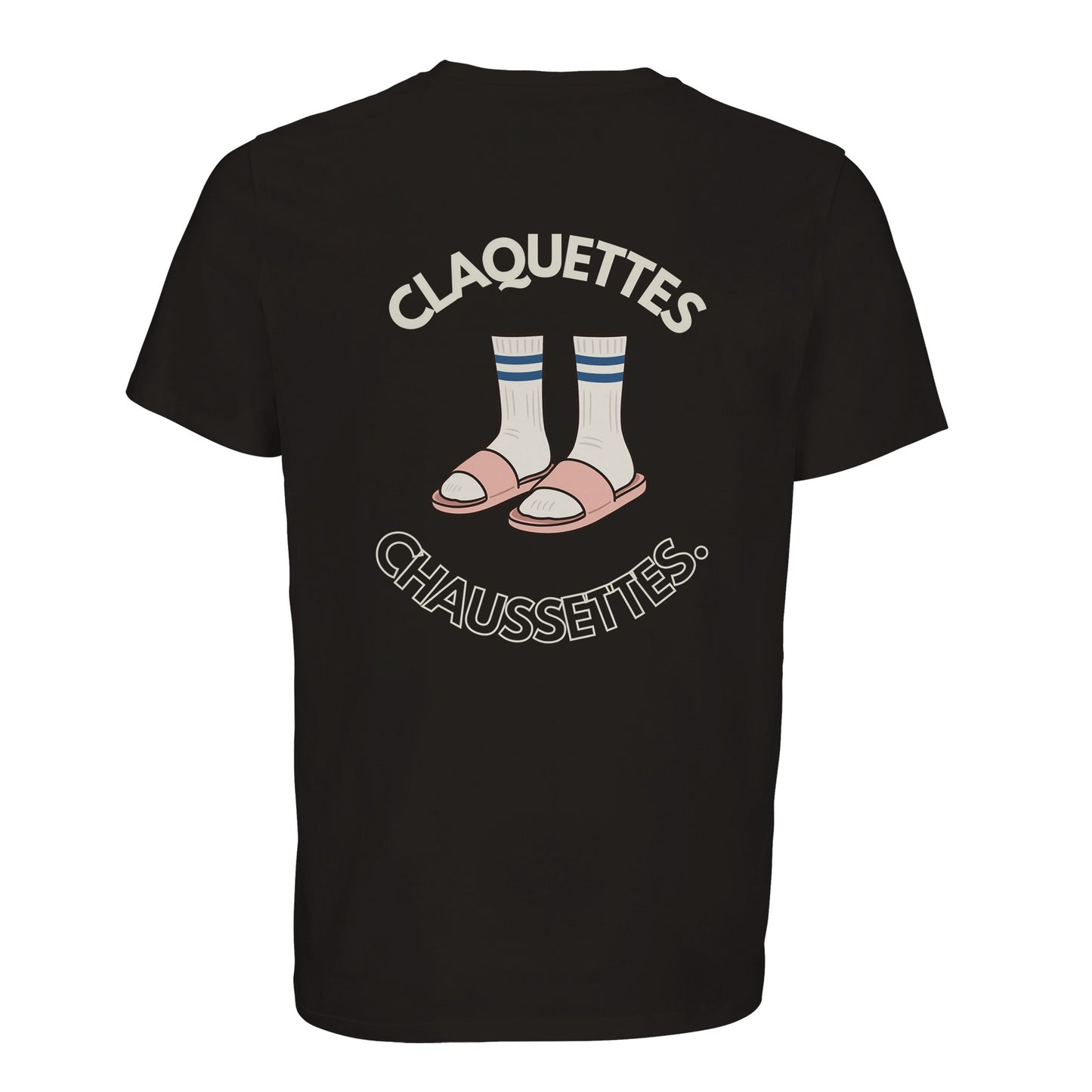 T-shirt avec le slogan CLAQUETTES CHAUSSETTES imprimé au dos.