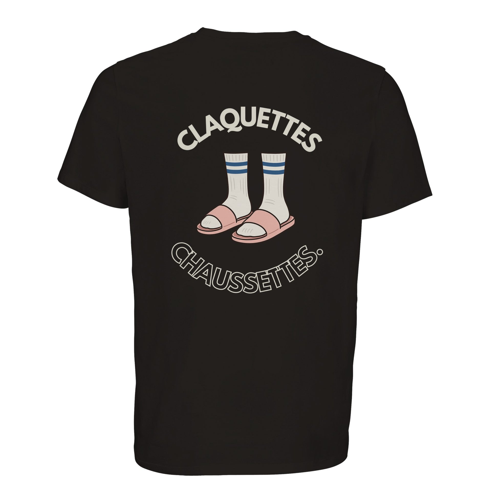 T-shirt avec le slogan CLAQUETTES CHAUSSETTES imprimé au dos.