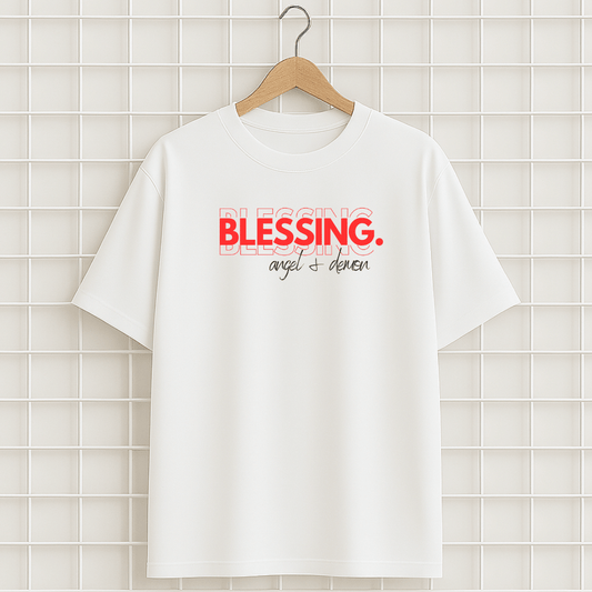 T-shirt blanc BLESSING ANGEL DEMON RAP Oversize unisexe