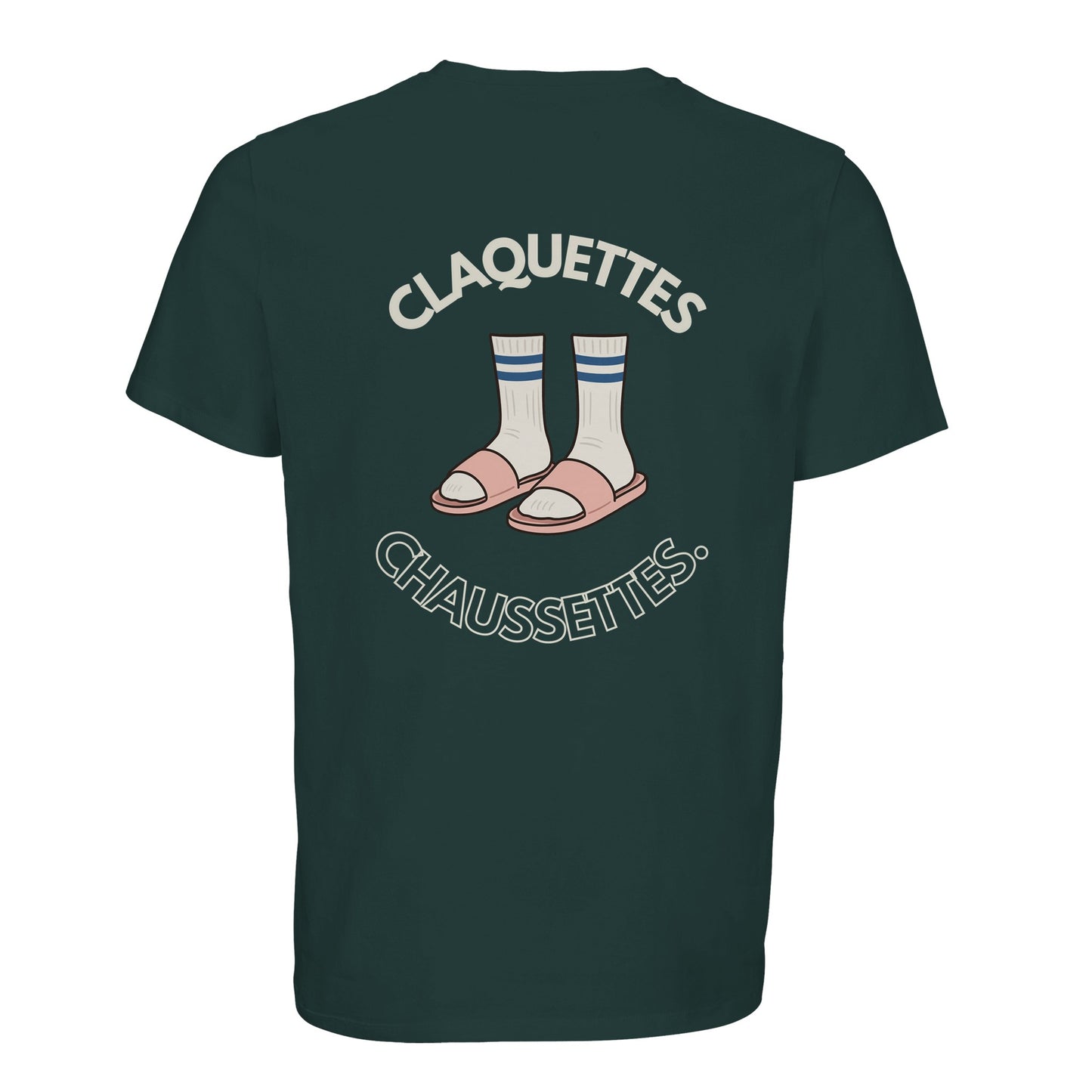 T-shirt avec le slogan CLAQUETTES CHAUSSETTES imprimé au dos.
